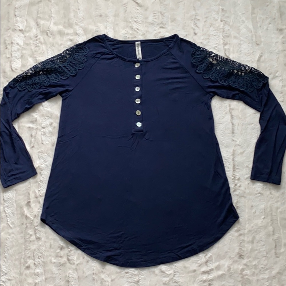 Zenana Premium Brand Navy Top Lace Sleeve Detail
